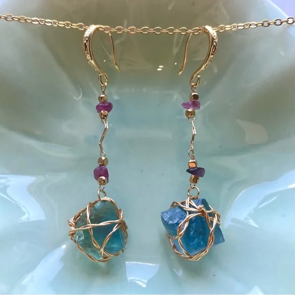 Gold and Blue Fluorite Octahedron Dangle Earrings E10 - Picture 1 of 2